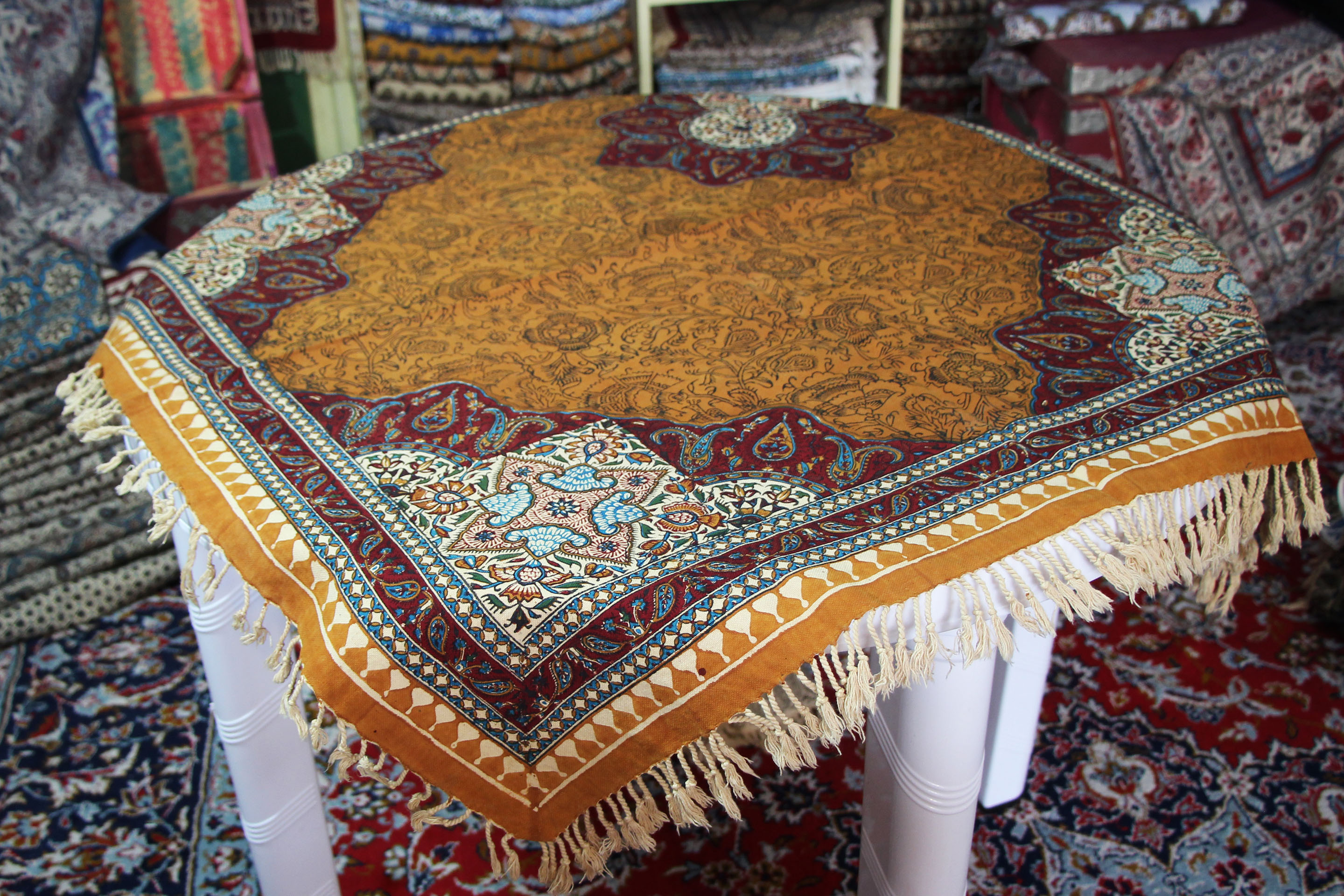 Persian textile block-printed handmade (Ghalamkar), Pure cotton, 100*100 cm - (27) | Taha Handicraft Shop